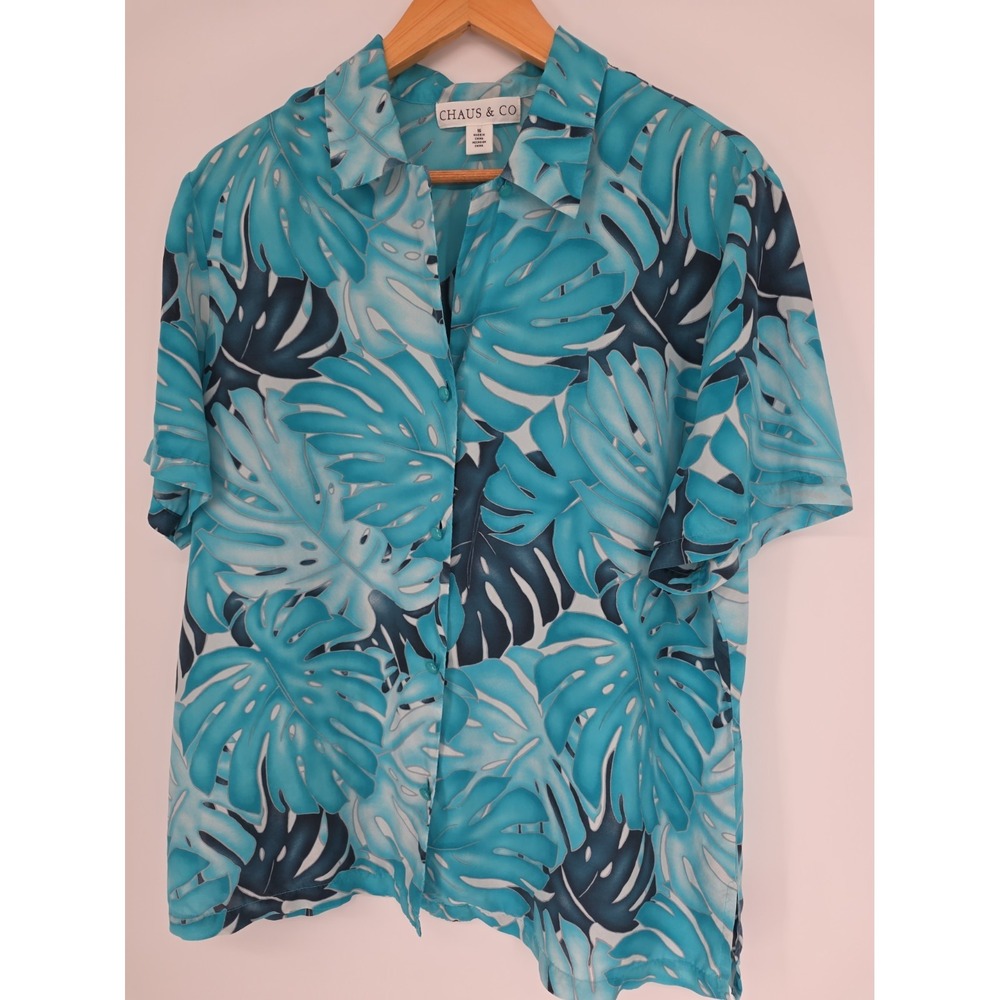 Women's Vintage Y2K Chaus & Co Silk Hawaiian Shirt Blue Navy Sz 16
